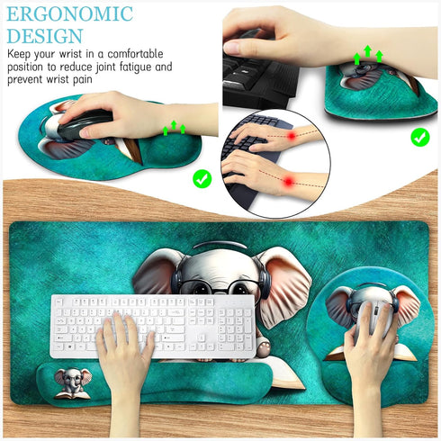 Desk Mat Desk Pad, Large Gaming Mouse Pad with Wrist Rest, Cute Elephant Home Office Decor