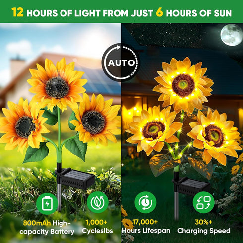 3 Pack 9 800mAh 12H IP65 Solar Flowers Outdoor Waterproof: Silk Sunflower Solar Lights with Battery Runtime - Auto