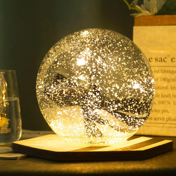 Lighted Mercury Glass Ball Table Lamp with Timer, Silver Cordless Orb, Battery Operated Sphere Glass Night Light for