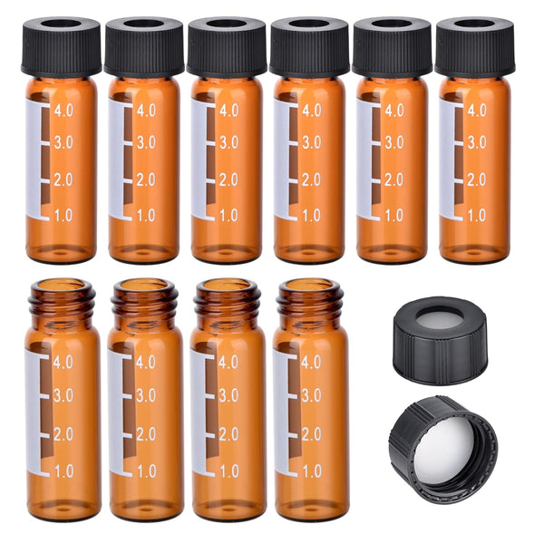 ESHATO 4ML Autosampler Vial, 100 Pack HPLC/GC Amber Vials with Screw Cap, Writing Patch, White PTFE and Silicone Septa