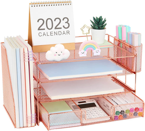 Desk Organizers and Accessories, 4-Tier Paper Tray Organizer with Drawer and 2 Pen Holders for Office Supplies