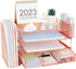 Desk Organizers and Accessories, 4-Tier Paper Tray Organizer with Drawer and 2 Pen Holders for Office Supplies