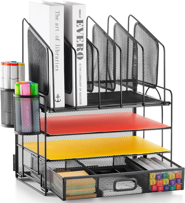 Marbrasse Desk Organizer with Drawer, 4-Tier Mesh File Organizer with 5 Vertical Holders and 2 Pen Holders
