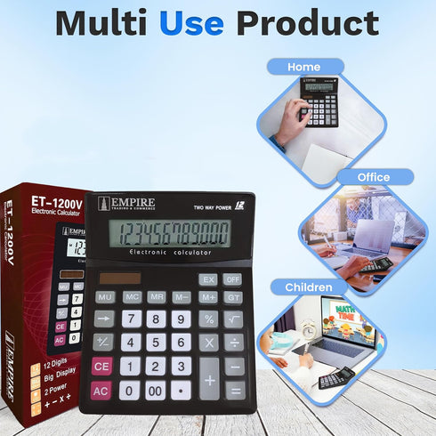 Empire Desk Calculator, 12 Digits, Large Key Buttons, Eye-Angled Display, Solar and Battery Powered for Home and Office