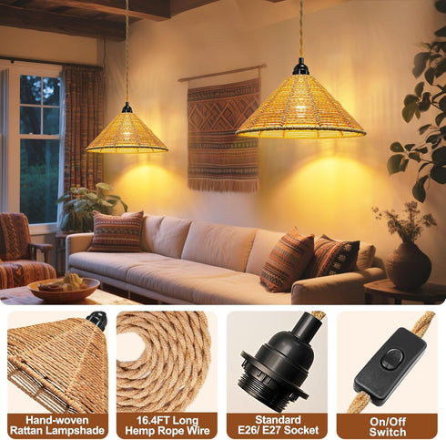Maliralt 16.4ft Hanging Lamps Rattan Pendant Light - Plug in Cord Hanging Light Fixture Plug Into Wall Outlet Pendant