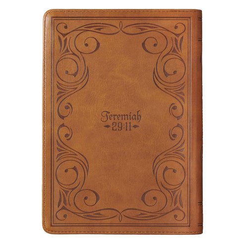 Classic Faux Leather Journal For I Know The Plans Jeremiah 29:11 Bible Verse Bible Verse Brown Inspirational Notebook, Lined Pages w/Scripture, Ribbon Marker, Zipper Closure