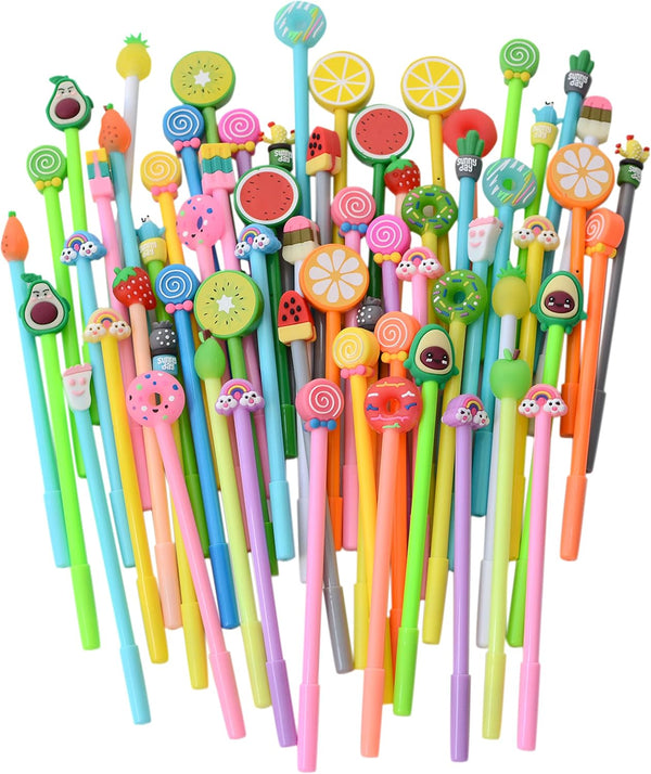 YYaaloa 64pcs Cute Cartoon Novelty Gel Ink Pens, 0.5 mm Black Ink, Assorted Styles, Fun Kawaii Pens for Kids