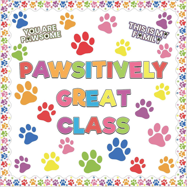 Paw Prints Bulletin Board Set - Dog Paw Print Classroom Decorations, Mini Cutouts for School Party Decor
