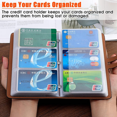 RFID Black Credit Card Holder, Leather Business Card Organizer with 96 Slots, Protector for Important Documents