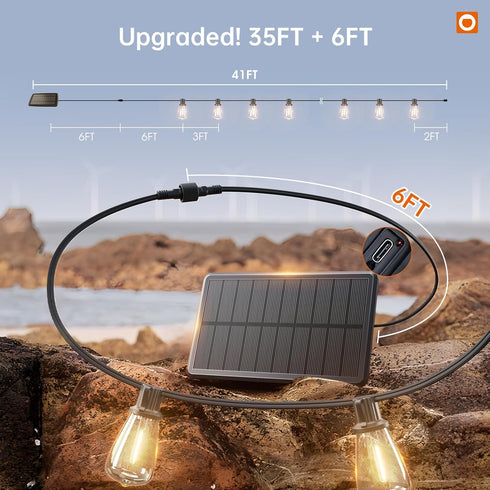 35FT IP54 10+1 Bulbs, Dimmable addlon Solar String Lights Outdoor, Waterproof Solar Powered with Remote & USB Port, LED