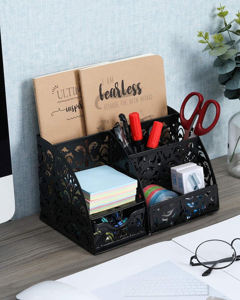 EasyPAG Office Desk Organizer Caddy, 6 Compartments & 1 Sliding Drawer, Black Desktop Accessories Supplies