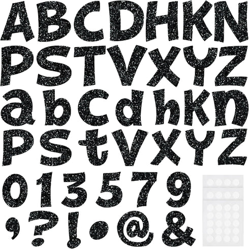 Colarr 216 Pcs Glitter Bulletin Board Letters, Black 4 Inch Alphabet, Numbers, Punctuation Cutouts with Adhesive Dots
