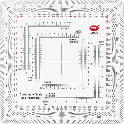 CYA Square Military Map Coordinate Scale Protractor Map for Land Navigation, Military Style