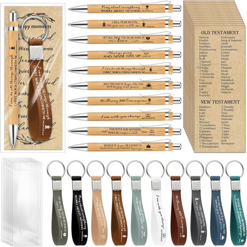 Gueevin 20 Sets Christian Gift Bulk - Inspirational Ballpoint Pens, Bible Verse Bamboo Pens & Scripture Keychains