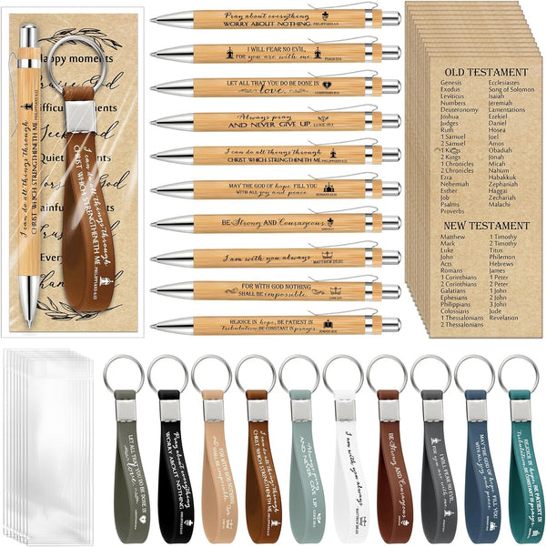 Gueevin 20 Sets Christian Gift Bulk - Inspirational Ballpoint Pens, Bible Verse Bamboo Pens & Scripture Keychains