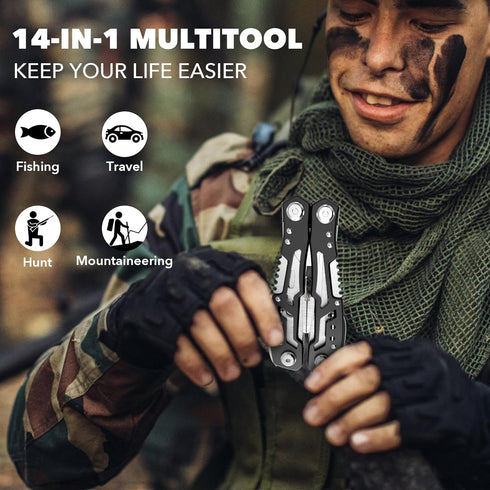 14-In-1 Professional Multitool with Safety Locking - Stainless Steel Pliers, Pocket Knife, Screwdriver & Sheath