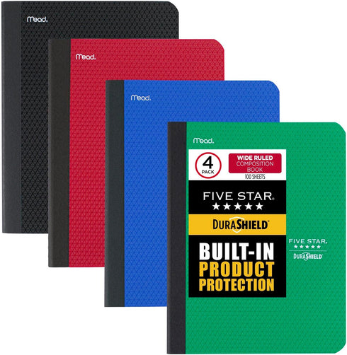 Five Star DuraShield Composition Books: 4 Pack, 1 Subject, Wide Ruled Paper, 11" x 8-1/2", 100 Sheets