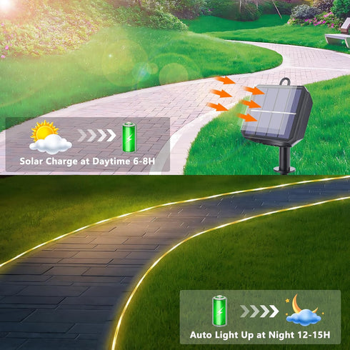 66ft 200LED 8 Solar Rope Lights, Solar String Lights, Modes Waterproof Solar Powered Outdoor Light, Flexible Clear Tube