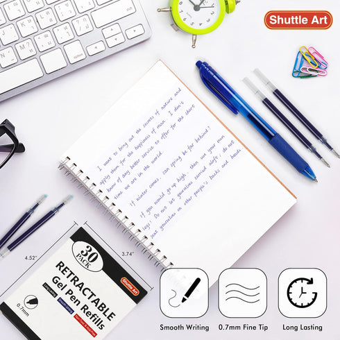 Retractable Gel Pen Refills, Shuttle Art 30 Pack Blue Rollerball Gel Ink Pens, 0.7mm Fine Point for Writing Journaling