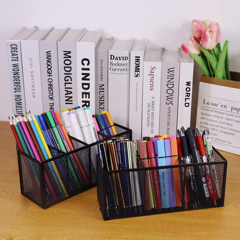 Black Mesh Pen Pencil Holder, Small Metal Desk Organizer for Office Supplies, 3 Compartments for Home School