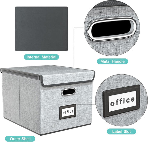 Huolewa Upgraded Collapsible File Storage Organizer Boxes with Lids, Portable Large Linen Filing Storage Boxes (Grey) -