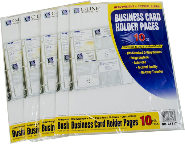 C-Line Business Card Holder Pages, Poly Without Tabs, 20 Cards/Page, 11 x 9 Inches, 5 Packs of 10 (61217-5)