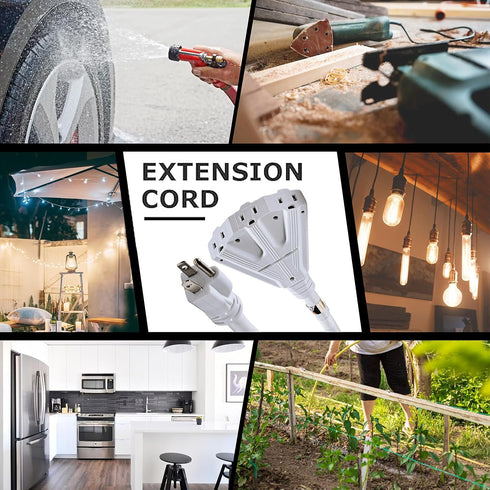 YOJOE White 8 ft Outdoor Extension Cord Multiple Outlets 3 Prong - 16/3 SJTW Waterproof Power Extension Cable
