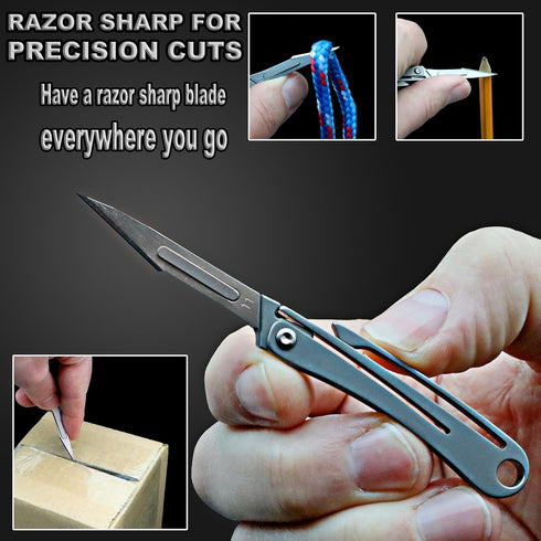 Titanium Keychain Knife & 10 Replaceable Razor Blades, Mini Folding Scalpel Pocket Knife Box Cutter Hobby Knife by outROAR Gear