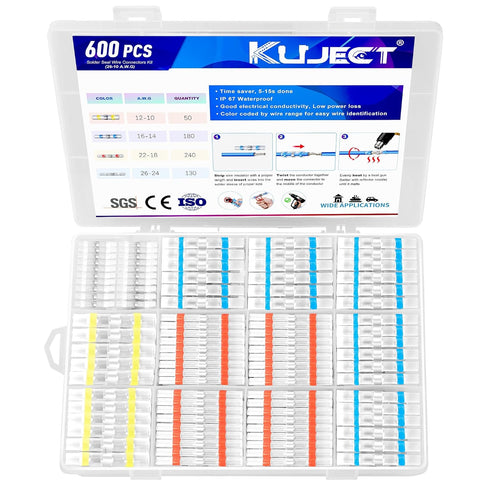 Kuject 600PCS Solder Seal Wire Connector Kit, Waterproof Insulated Electrical Wire Splice for Automotive Marine Boat