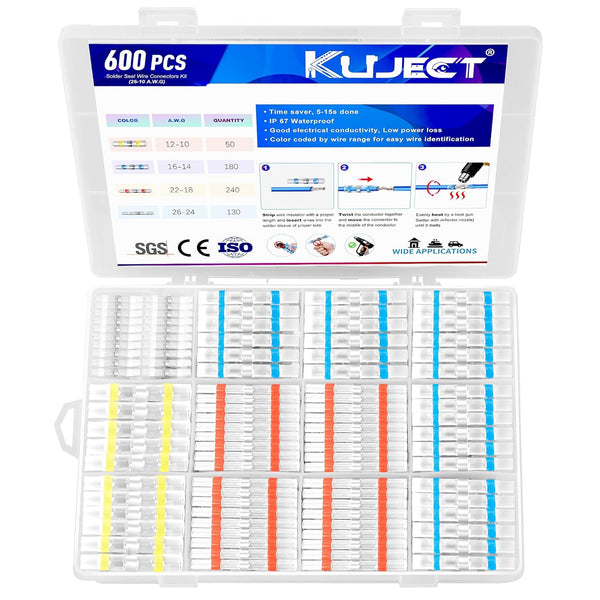 Kuject 600PCS Solder Seal Wire Connector Kit, Waterproof Insulated Electrical Wire Splice for Automotive Marine Boat