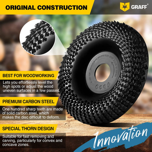GRAFF Premium Wood Carving Disc 4 Inch - Angle Grinder Shaping and Grinding Wheel for Wood, Plastic, and Drywall