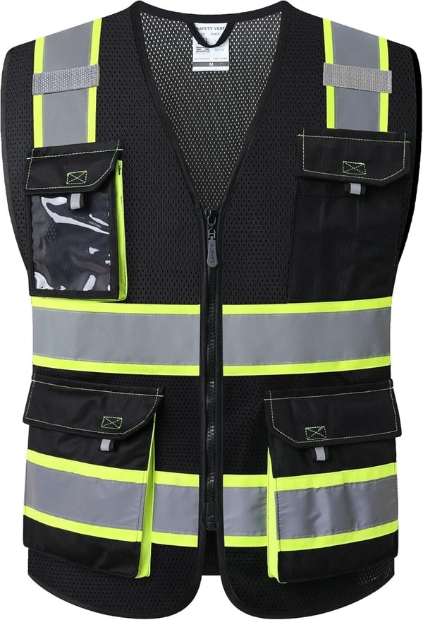 JKSafety Hi Vis Reflective Safety Vests for Men & Women, High Visibility Vest with Pockets, Black, XXL