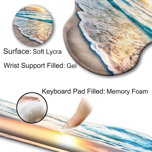 Beach Mouse Pad and Keyboard Wrist Rest Support with Non-Slip PU Base - Gel Mouse Pad with Coaster for Gaming, Office