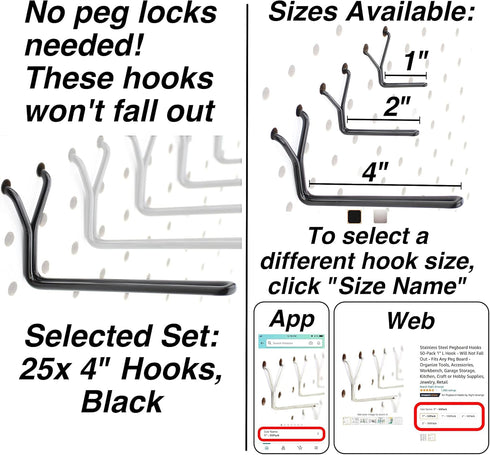 25-Pack 4" Steel Pegboard Hooks L Hook, Black - Will Not Fall Out, Fits Any Peg Board - Organize Tools, Accessories