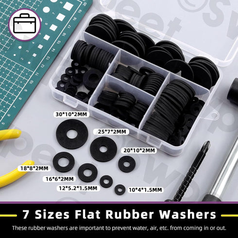 Swpeet 175Pcs Flat Rubber Washers Assortment Kit - 7 Sizes 10/12/16/18/20/25/30mm Heavy Duty Black Rubber Pads