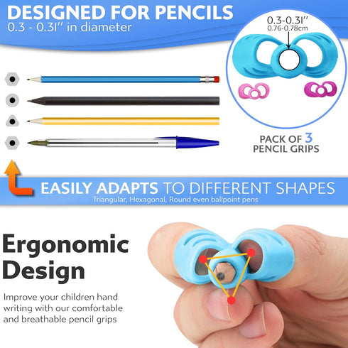 Stylo Pack of 3 Pencil Grips for Kids Handwriting - Perfect Pencil Holders for Home Schooling and Preschool Writing