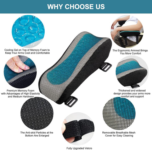 Office Chair Armrest Pads - Widen & Thicken Ergonomic Computer Chair Arm Pads with Cooling Gel and Memory Foam for