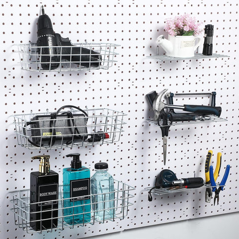 8 Pieces Pegboard Baskets, Pegboard Bins, Wire Peg Board Shelf Wall Organizer for Tools, Garage Storage (Plating Color)