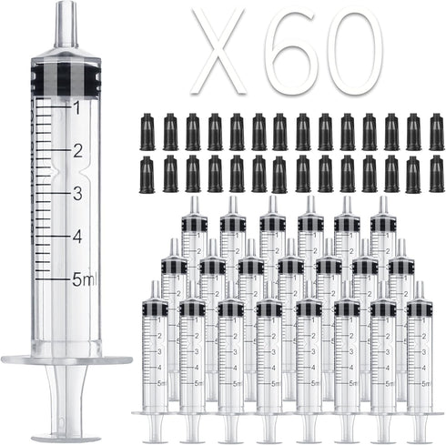 60 Pack 5ml Plastic Syringes, Separate Sterile Packaging, Without Needle, for Scientific Labs Measurement