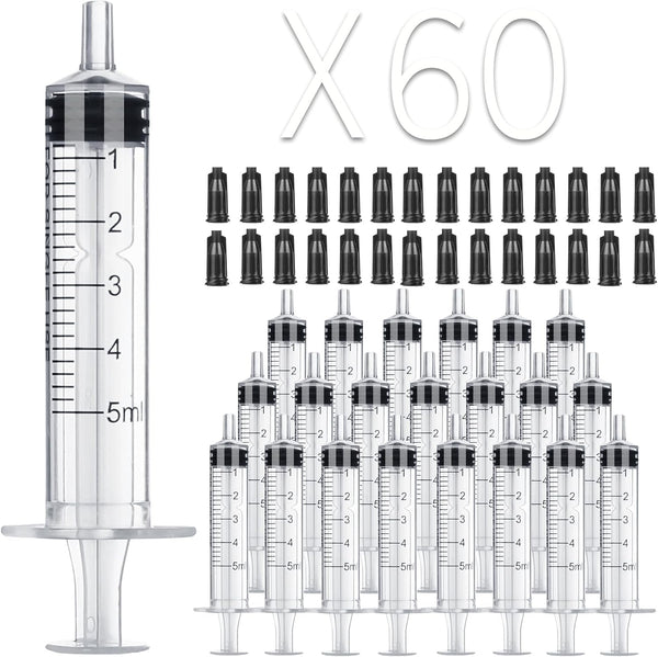 60 Pack 5ml Plastic Syringes, Separate Sterile Packaging, Without Needle, for Scientific Labs Measurement