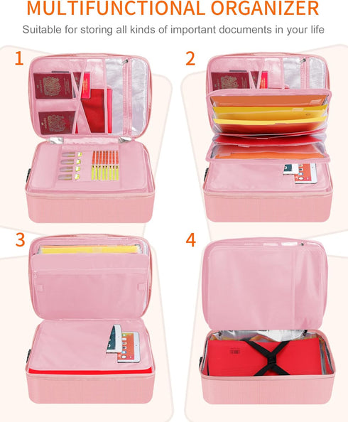 Noiposi Document Organizer, 5200? Heat Insulated, Waterproof Fireproof Document Box for Important Files, Pink