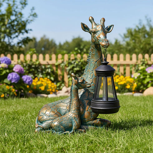 9.7" Solar Garden Decor - Mother Baby Giraffe Statue with Solar Lantern Resin Giraffe Figurine Outdoor Patio Yard Porch