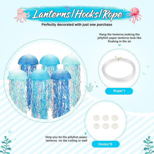 yorr Rope,10in Under The Sea Party Decorations,Jellyfish Paper Lanterns with Hooks and Hanging Jelly Fish for Mermaid