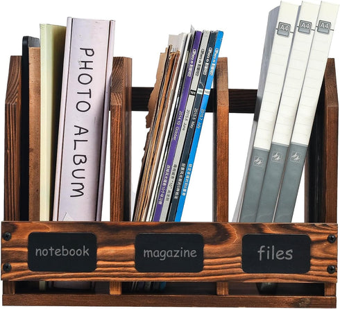 Rustic Torched Brown Wooden Desktop Document Organizer, Office Chalkboard Labels, File Folder Sorter, Table