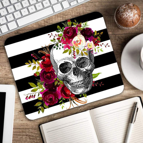 Gaming Mouse Pad and Coasters Set, Skull Flower Mousepad, Non-Slip Rubber Rectangle Mouse Pad