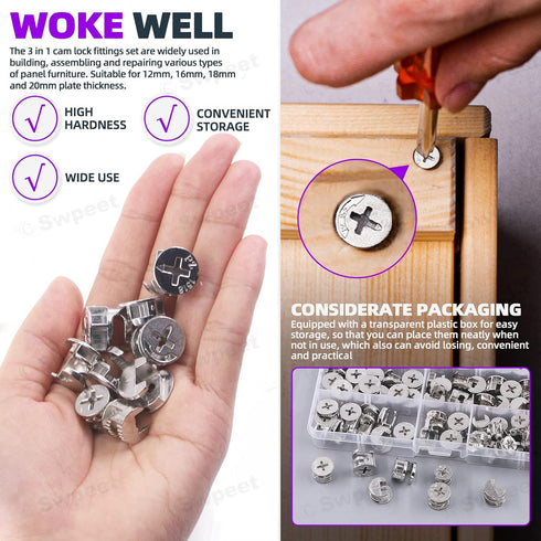 Swpeet 100Pcs 4 Sizes Furniture Connecting Cam Lock Fittings Assortment Kit for Closets and Bed Furniture