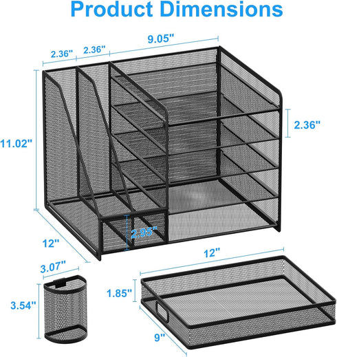 Desk Organizer with File Holder, 5-Tier Paper Letter Tray with Sliding Drawer and 2 Pen Holders, Mesh for Office