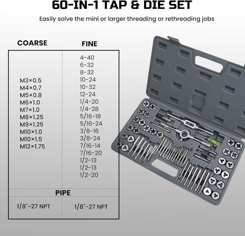 60pcs SAE & Metric Tap and Die Set, Rethreading Tool Kit for Cutting External and Internal Threads