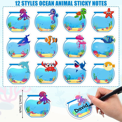Whaline 24 Packs Sea Animal Sticky Notes Fishbowl Shaped Notepads 12 Designs Ocean Post Reminder Memo Pads for Summer Annotating Books Office School Study Supplies