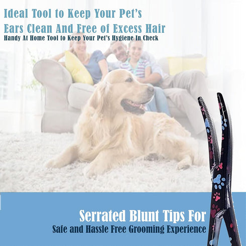 Dog Pet Ear/Nose Hair Puller Grooming Hemostat Locking Forceps, 5.5" Stainless Steel Curved Pliers (Black Multi Paws)
